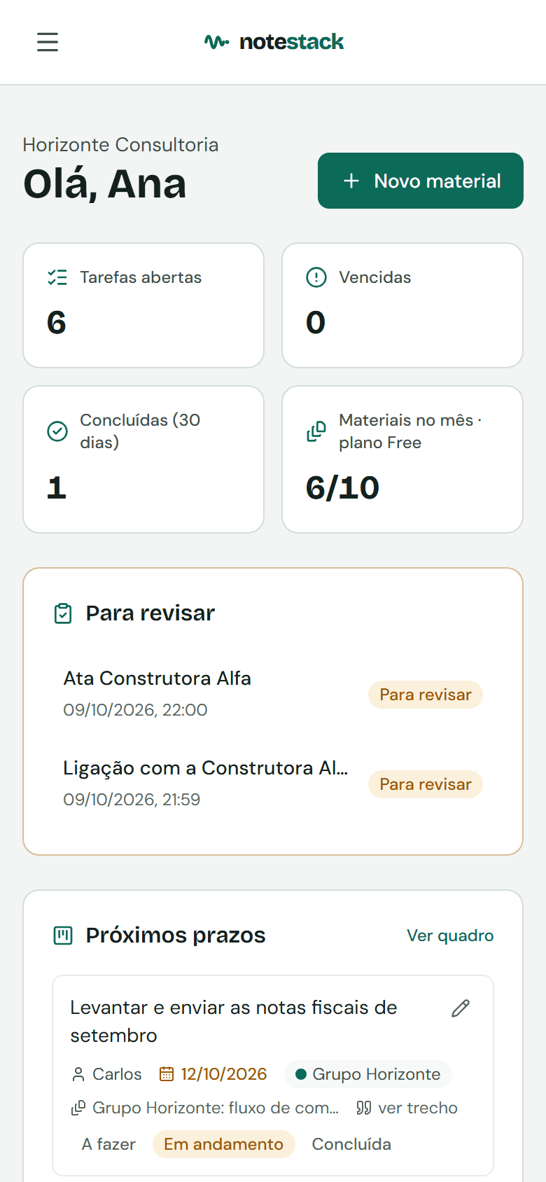 Painel do NoteStack no celular