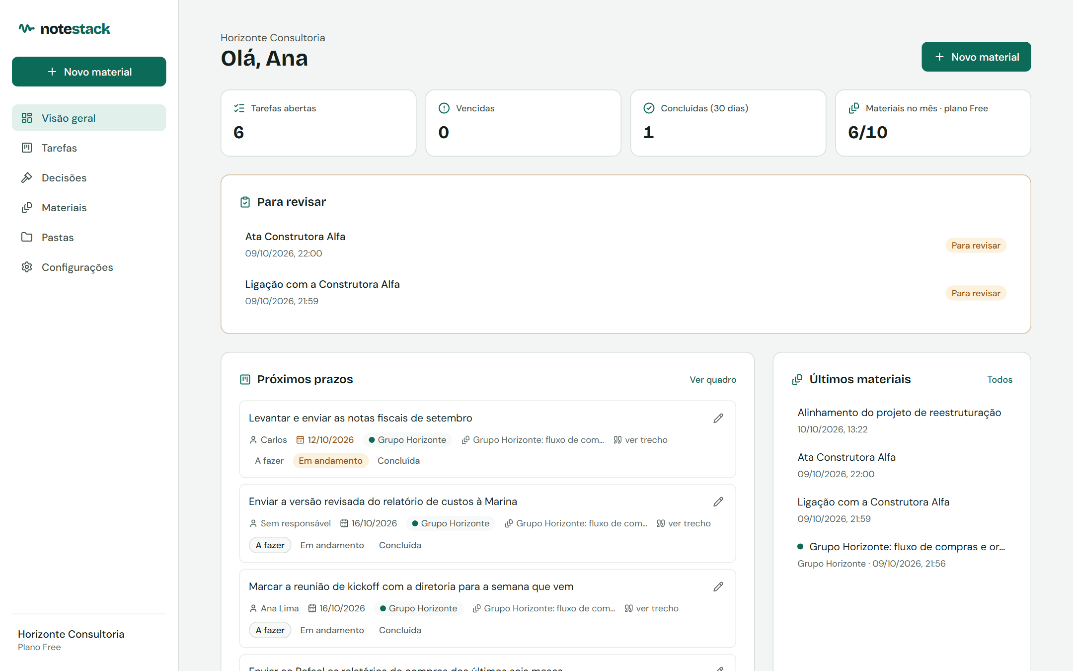 Painel com materiais para revisar e próximos prazos